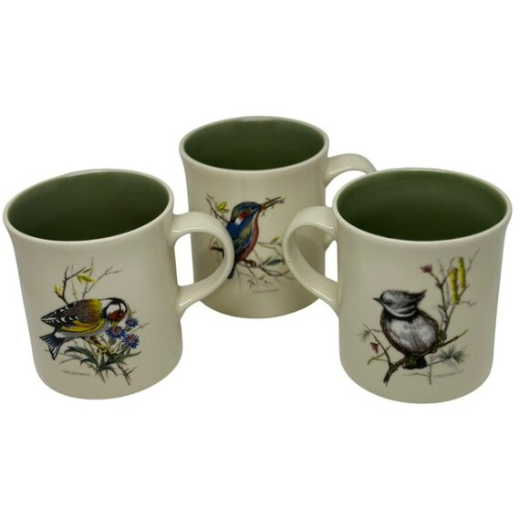 VTG Bird Coffee Mug Set of 3 Goldfinch, Cardinal Chickadee, Cream & Green, 4.75" - Picture 7 of 11